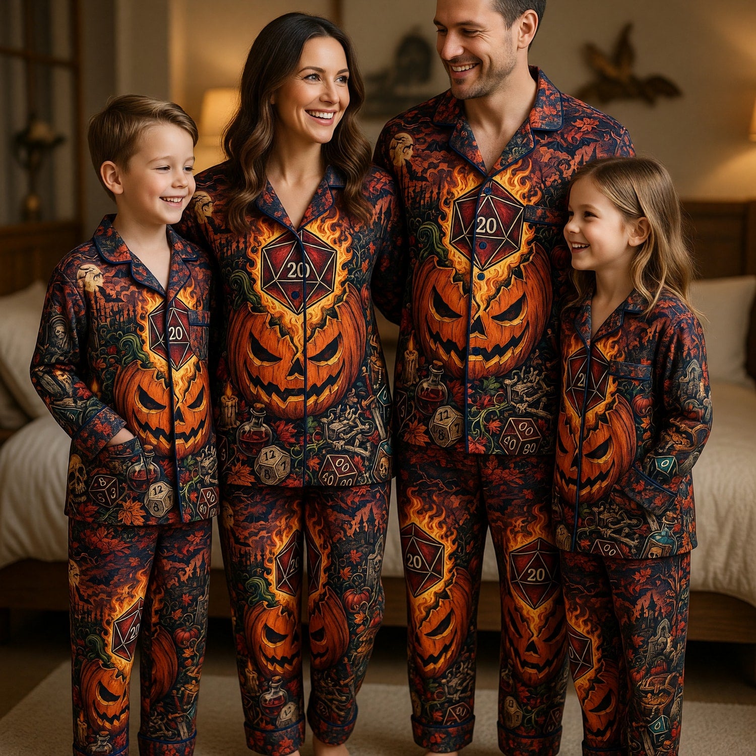 Halloween Thick Pajama Set - Flaming D20 Pumpkin Sleepwear