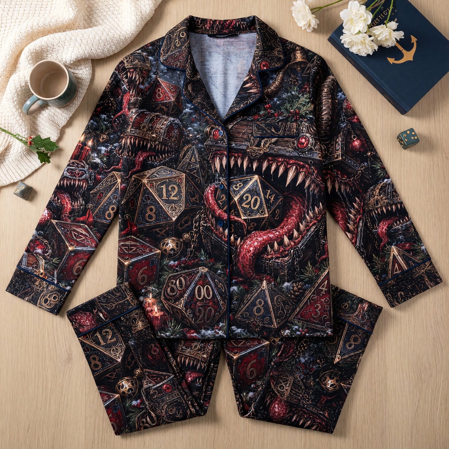 Mimic Christmas Dice Thick Pajama Set - Fantasy RPG Holiday Sleepwear