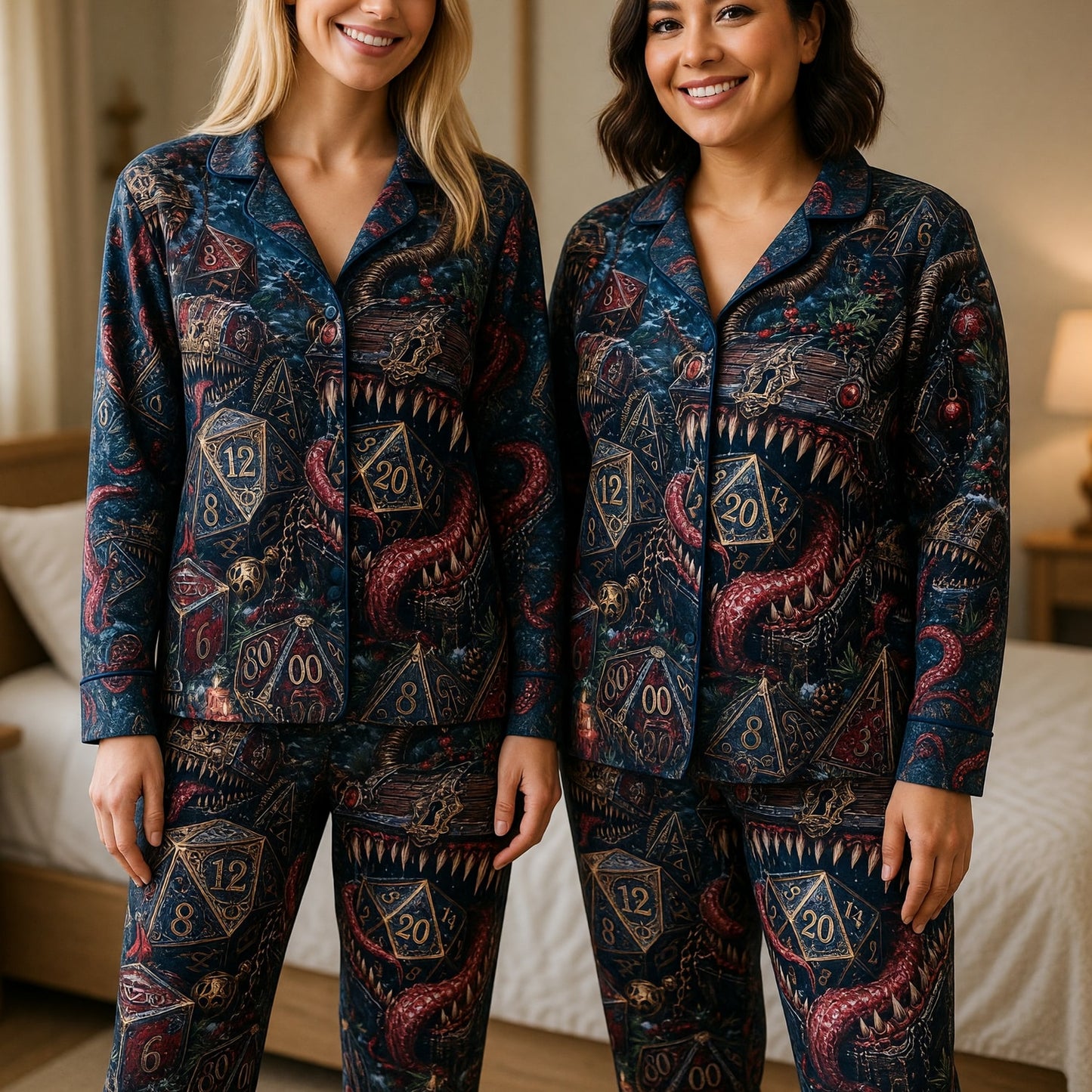 Mimic Christmas Dice Thick Pajama Set - Fantasy RPG Holiday Sleepwear