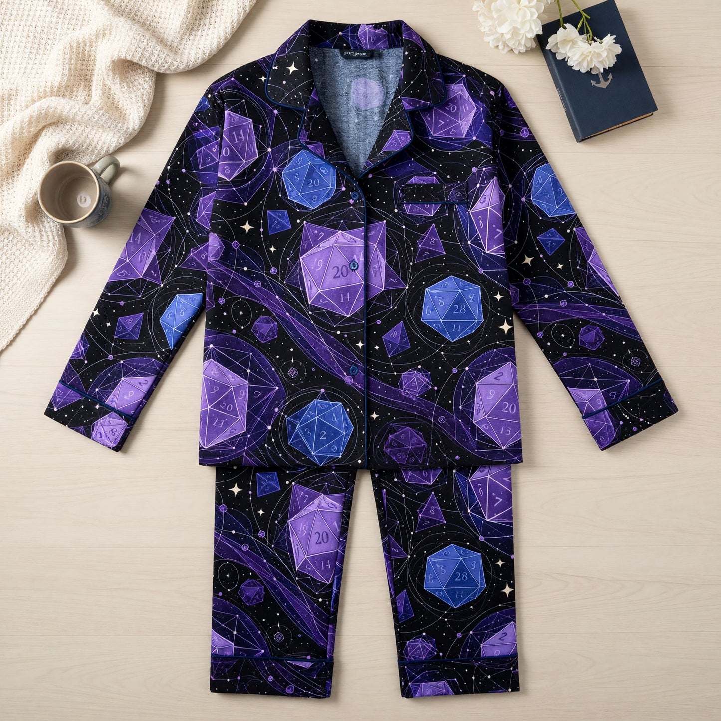 Fantasy Dungeon Dice Thick Pajama Set - Cosmic Purple RPG Nightwear
