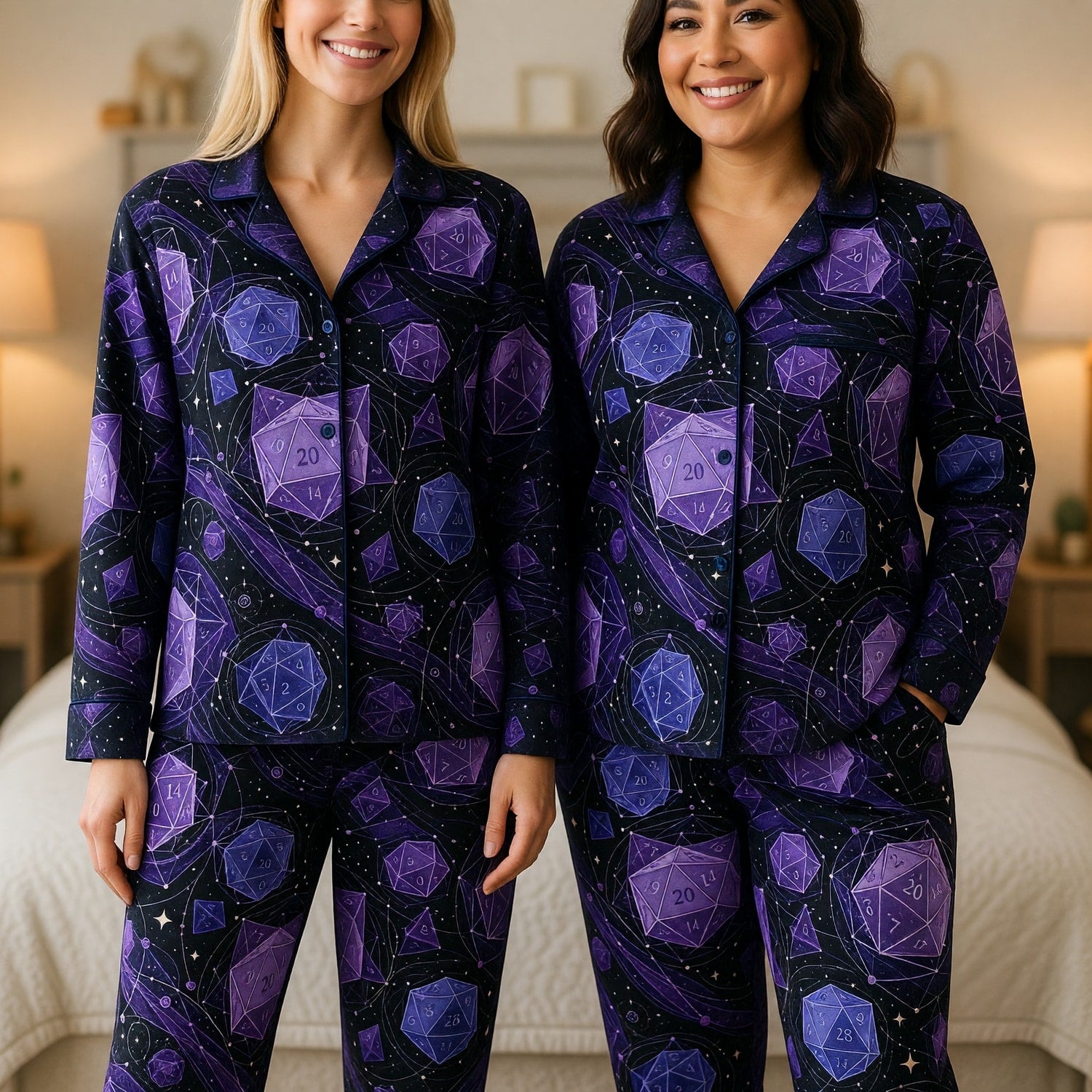 Fantasy Dungeon Dice Thick Pajama Set - Cosmic Purple RPG Nightwear