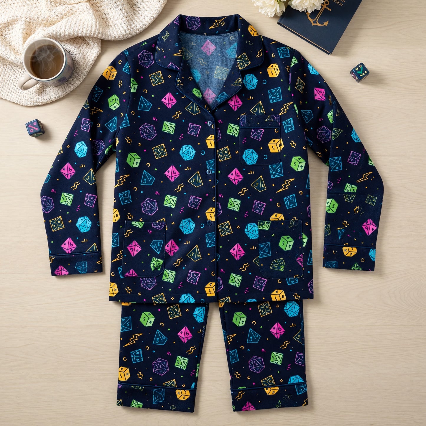 Fantasy Dungeon Dice Thick Pajama Set - Colorful Neon Pattern