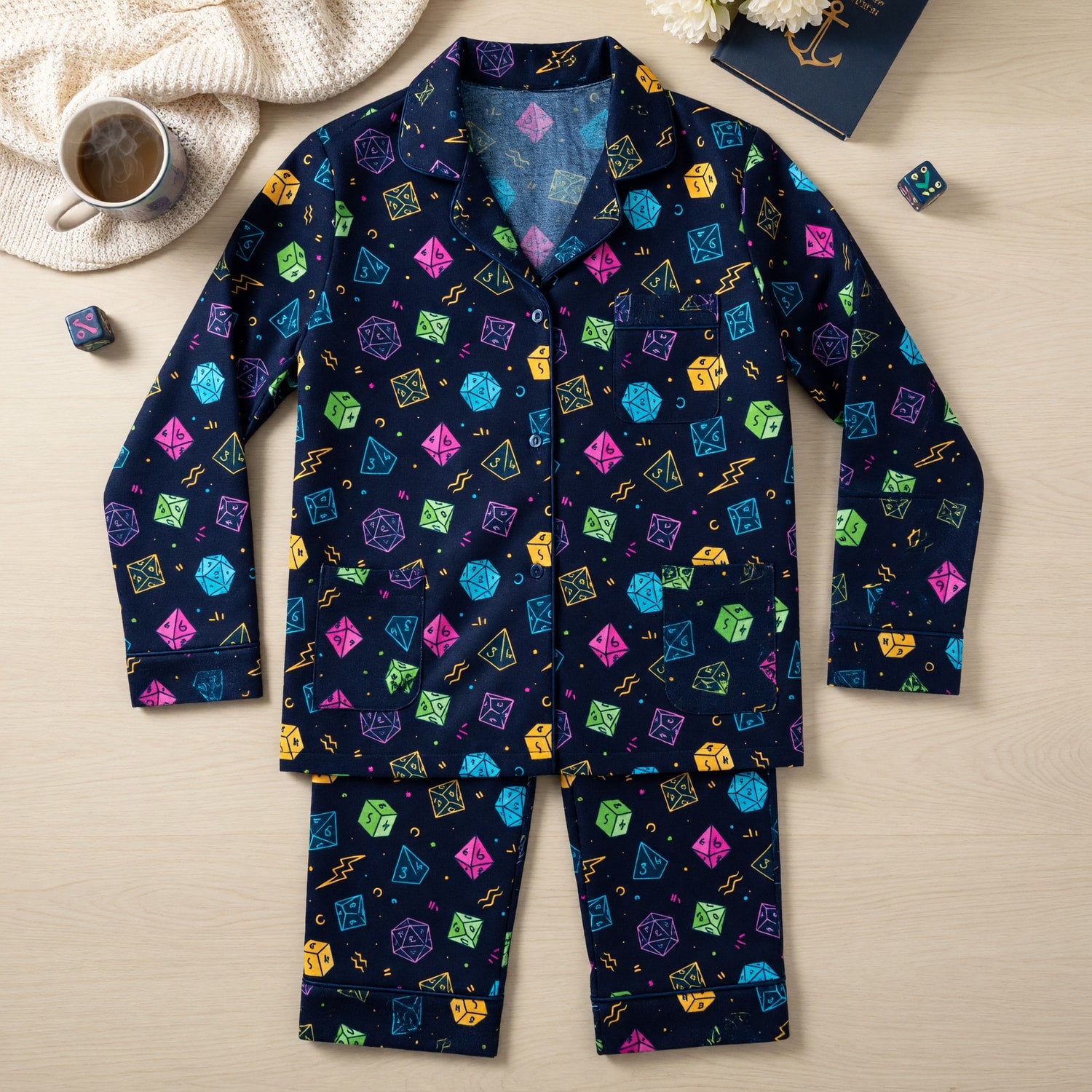 Fantasy Dungeon Dice Thick Pajama Set - Colorful Neon Pattern
