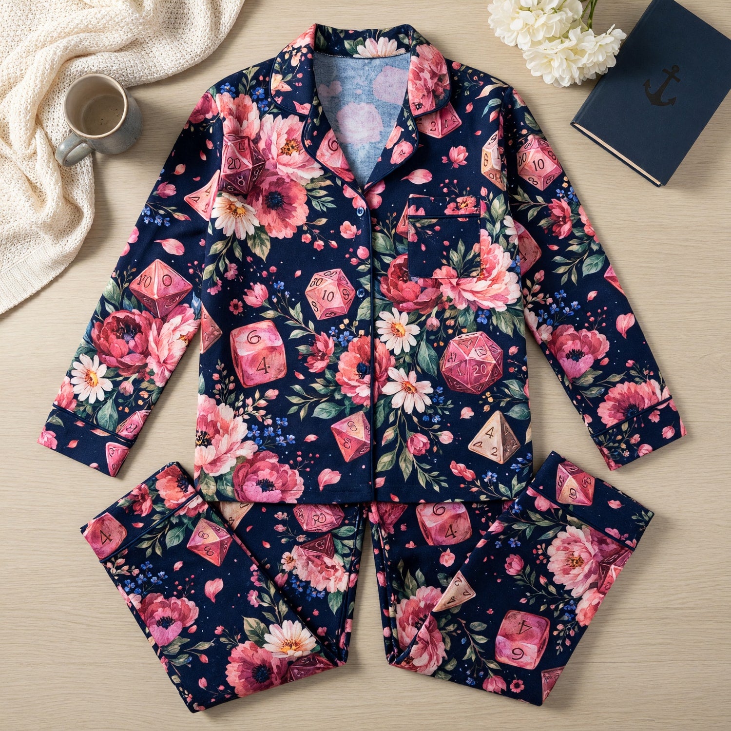 Floral Dice Thick Pajama Set - Botanical RPG Sleepwear