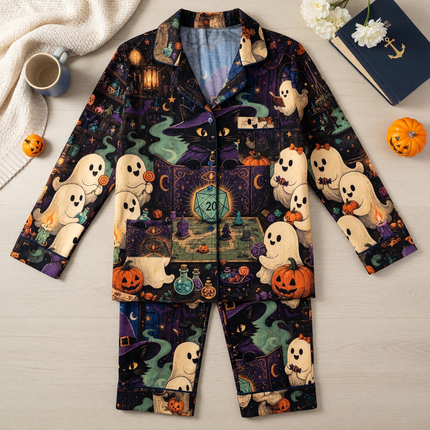 Halloween Witch Cat Thick Pajama Set - Ghostly RPG Sleepwear