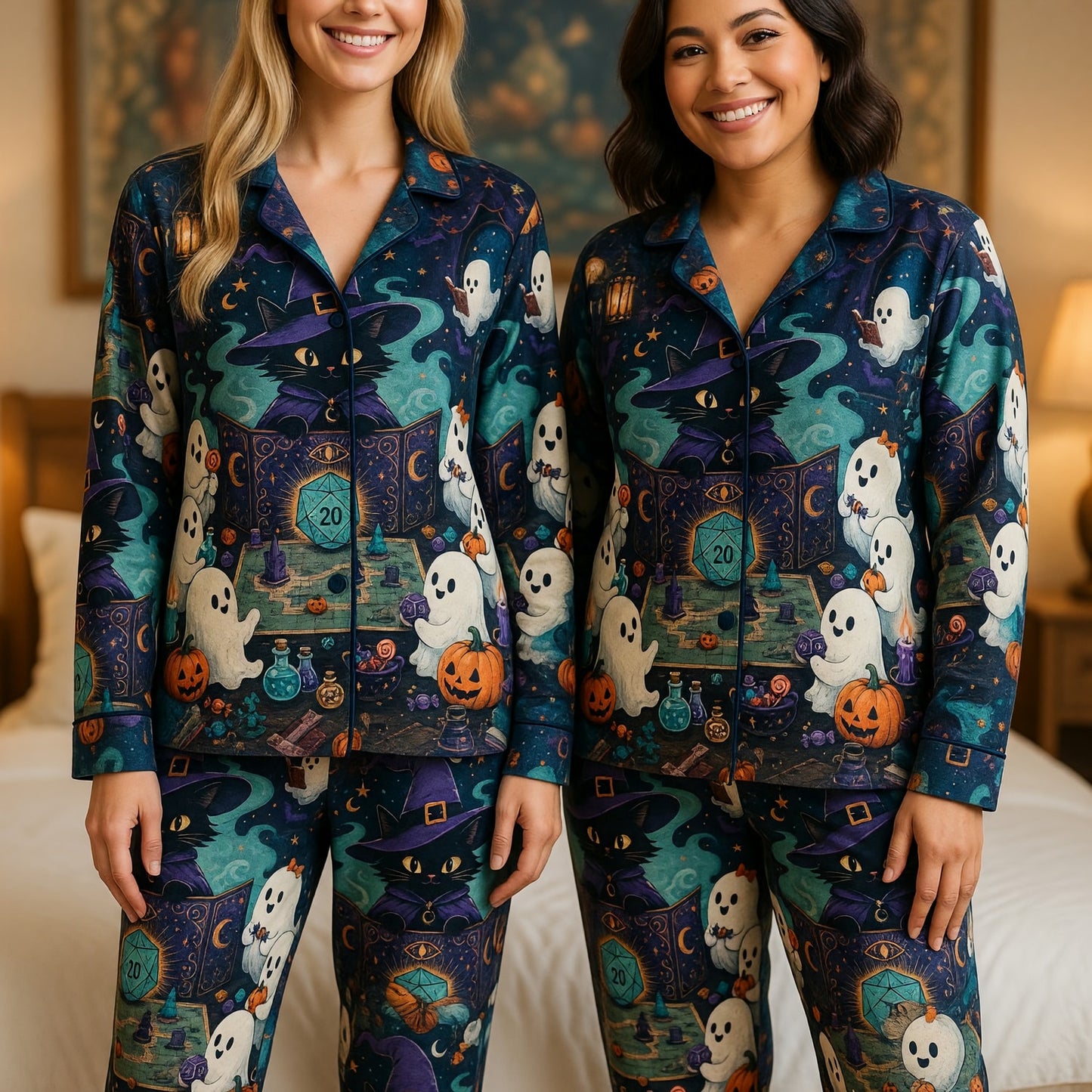 Halloween Witch Cat Thick Pajama Set - Ghostly RPG Sleepwear