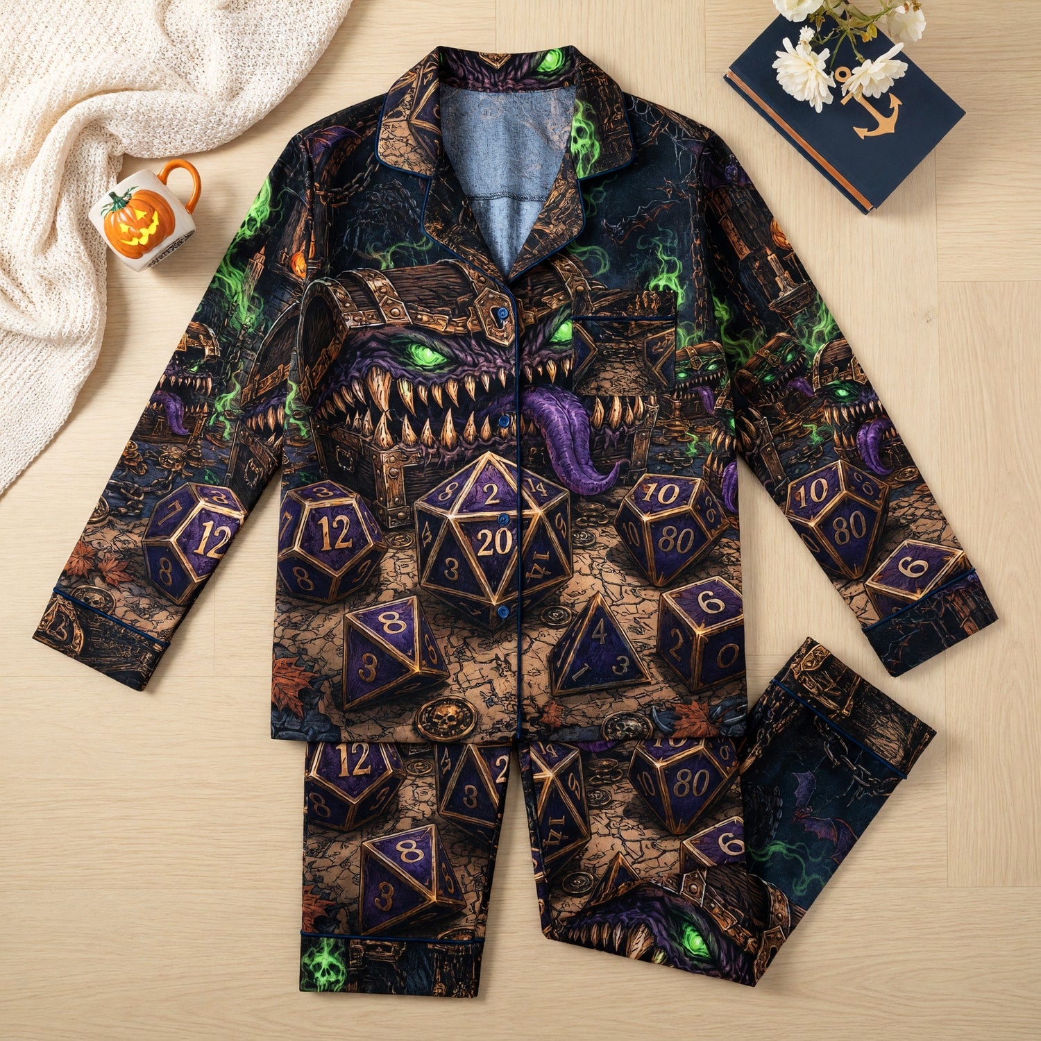 Fantasy Dungeon Mimic Dice Thick Pajama Set - Gothic RPG Sleepwear