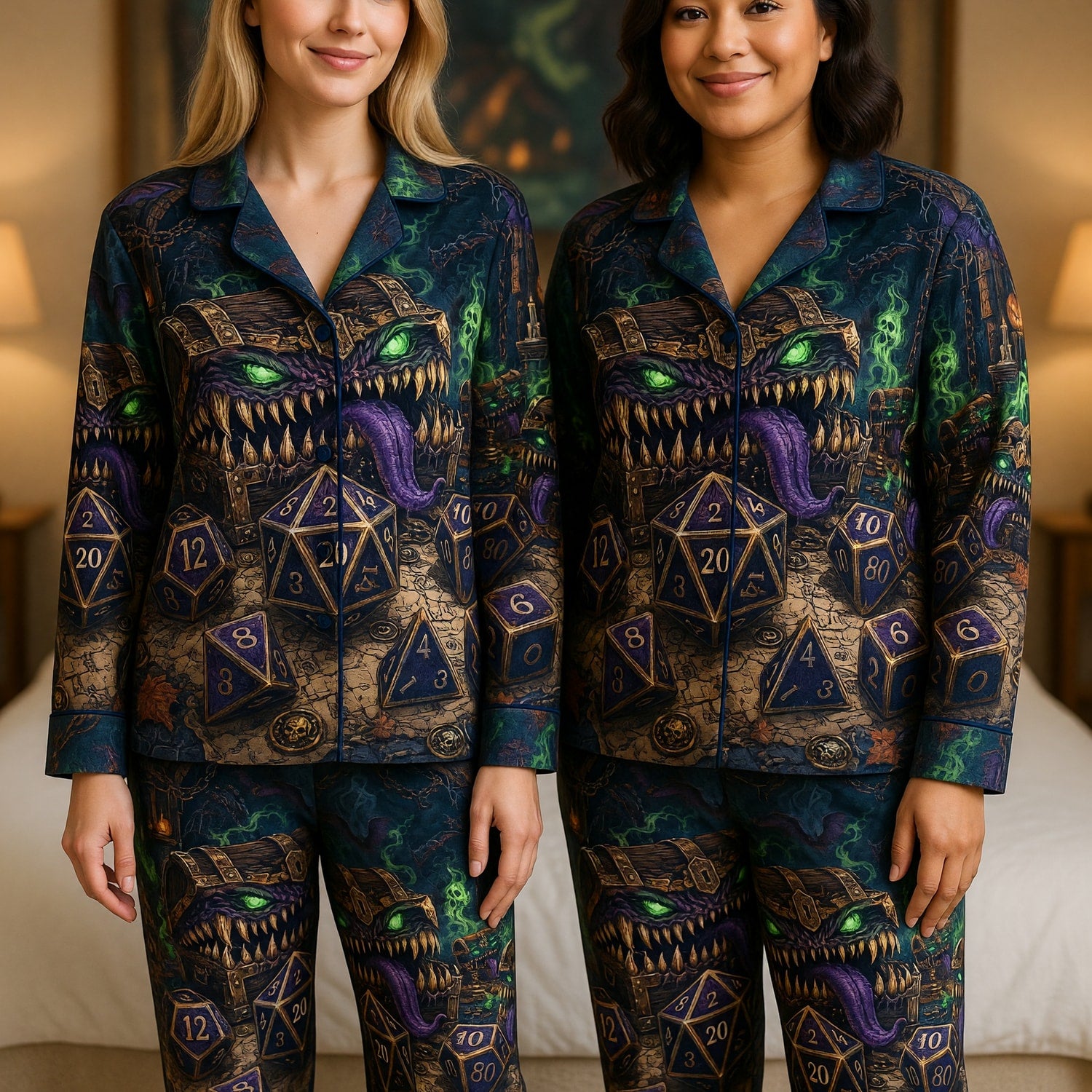 Fantasy Dungeon Mimic Dice Thick Pajama Set - Gothic RPG Sleepwear