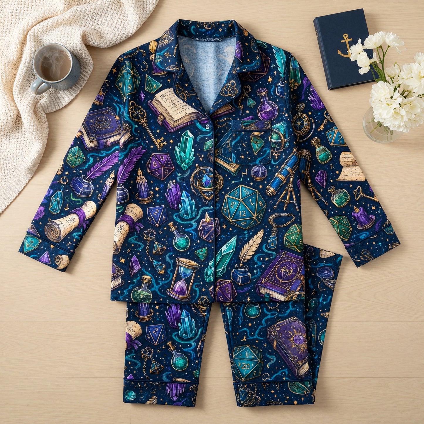 Fantasy Dungeon Wizard Thick Pajama Set - RPG Magic Dice Pattern