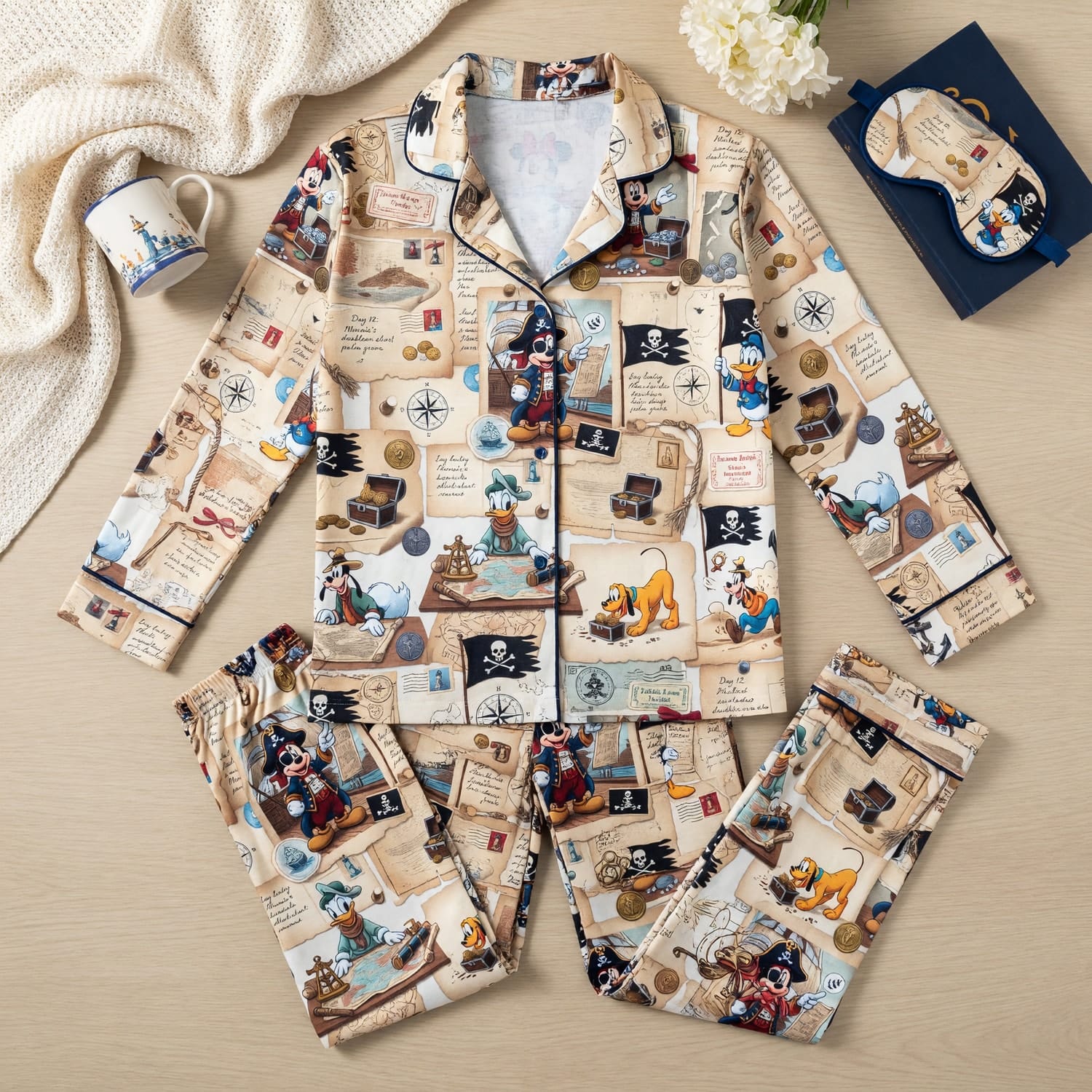 Mouse Pirate Pajama Set - Cartoon Treasure Map Sleepwear