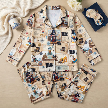 Mouse Pirate Pajama Set - Cartoon Treasure Map Sleepwear