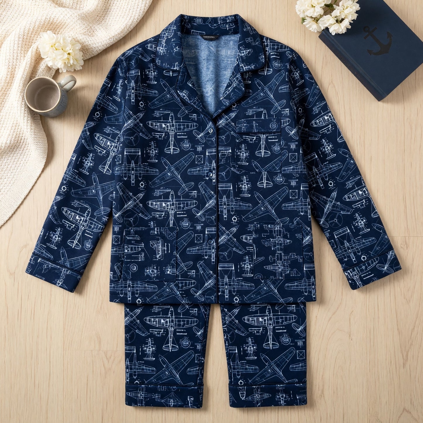 Vintage Airplane Blueprint Thick Pajama Set - Aviation Nightwear