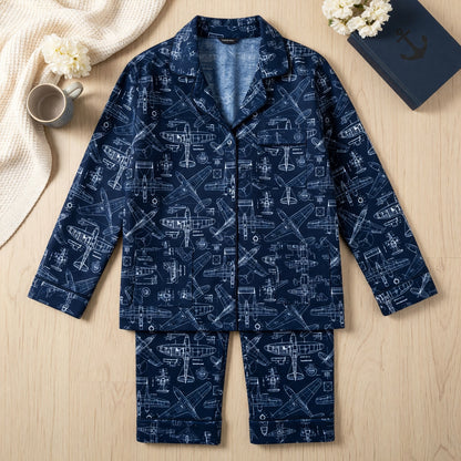 Vintage Airplane Blueprint Thick Pajama Set - Aviation Nightwear