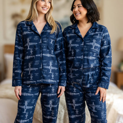 Vintage Airplane Blueprint Thick Pajama Set - Aviation Nightwear