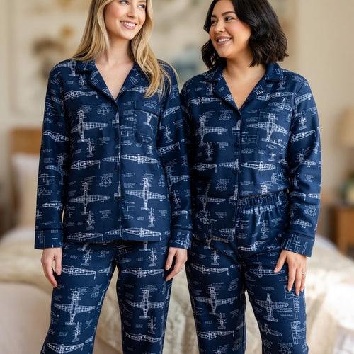 Vintage Airplane Blueprint Thick Pajama Set - Aviation Nightwear