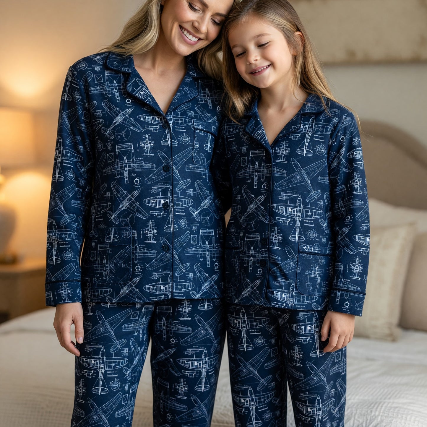 Vintage Airplane Blueprint Thick Pajama Set - Aviation Nightwear