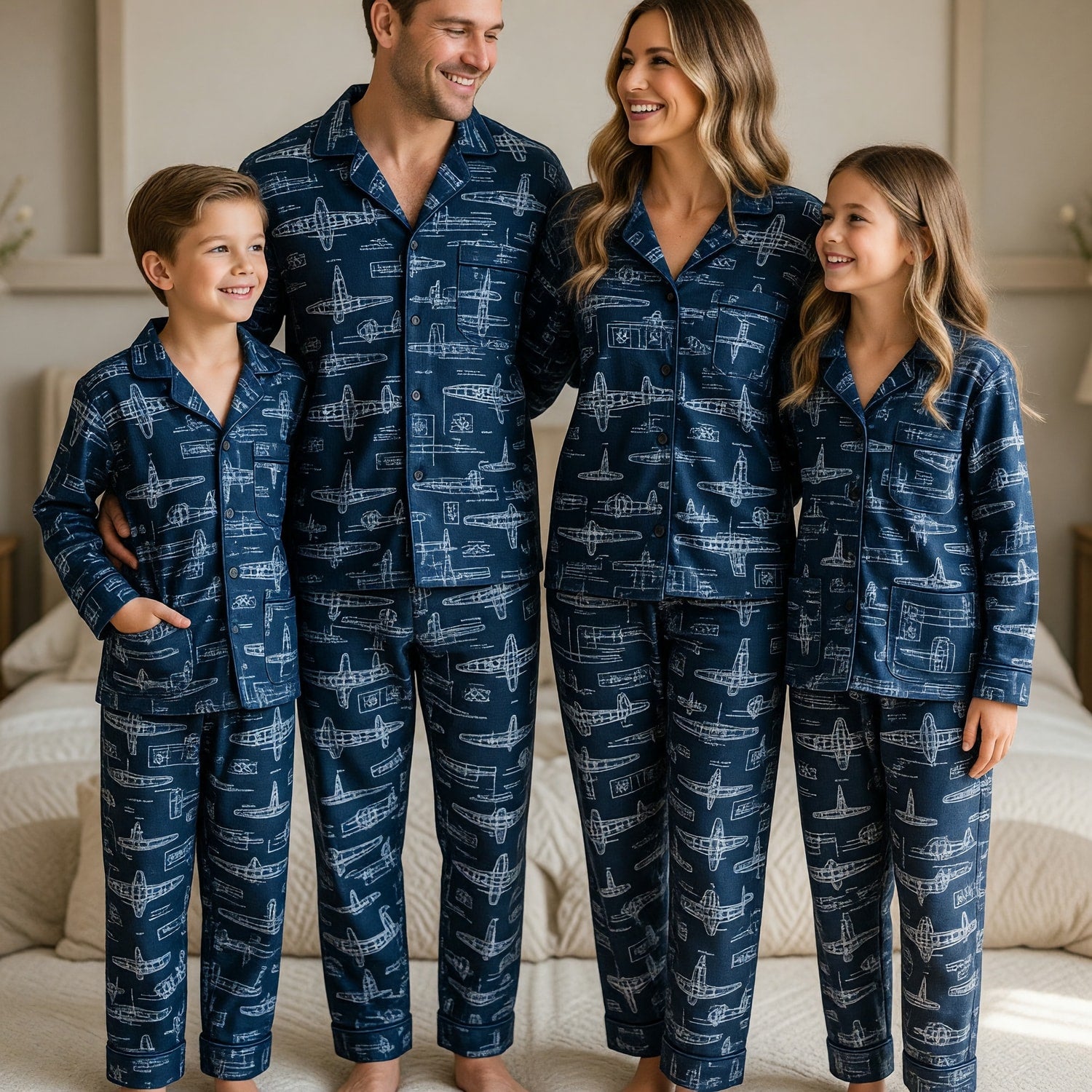 Vintage Airplane Blueprint Thick Pajama Set - Aviation Nightwear