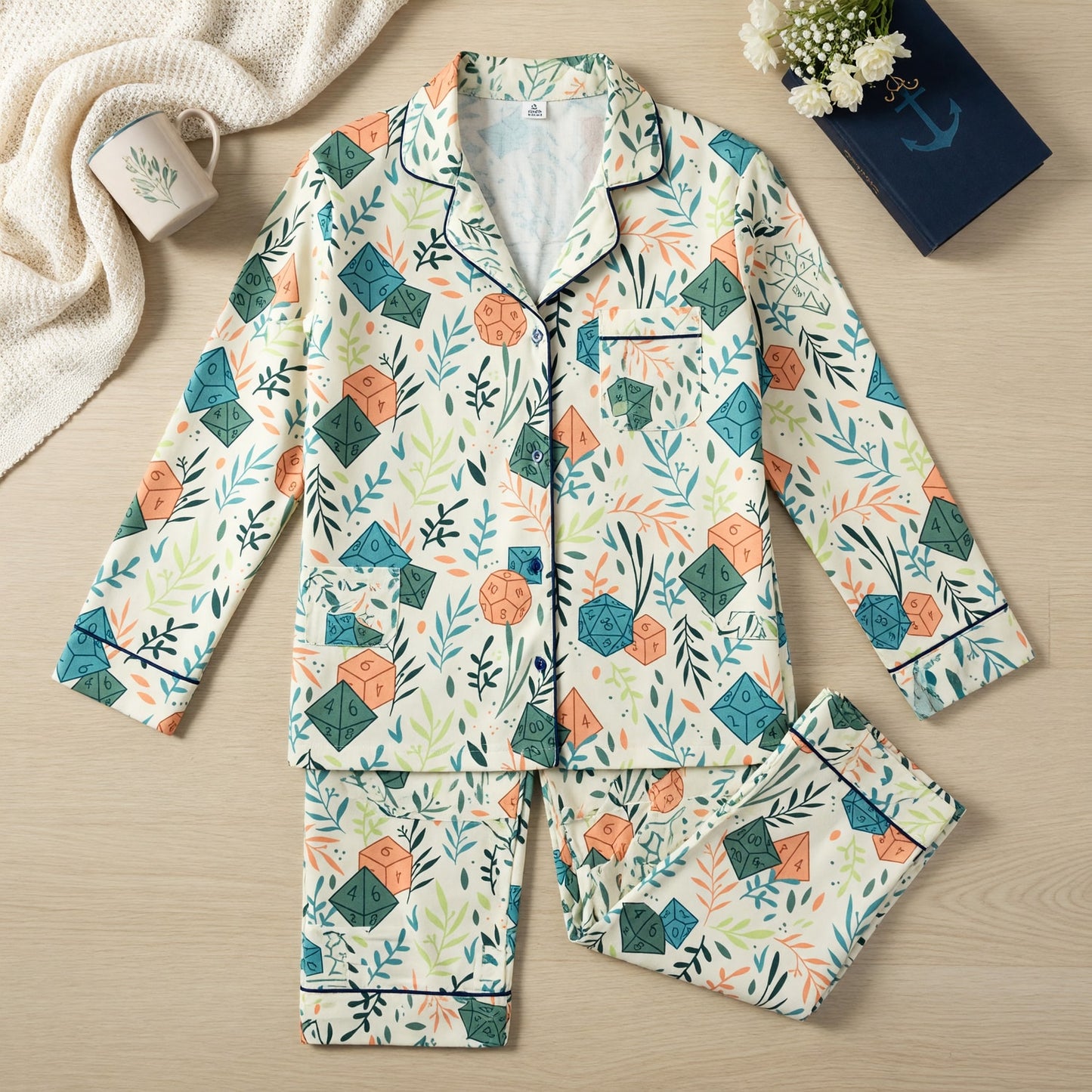 Fantasy Dungeon Dice Thick Pajama Set - Botanical Tabletop Pattern