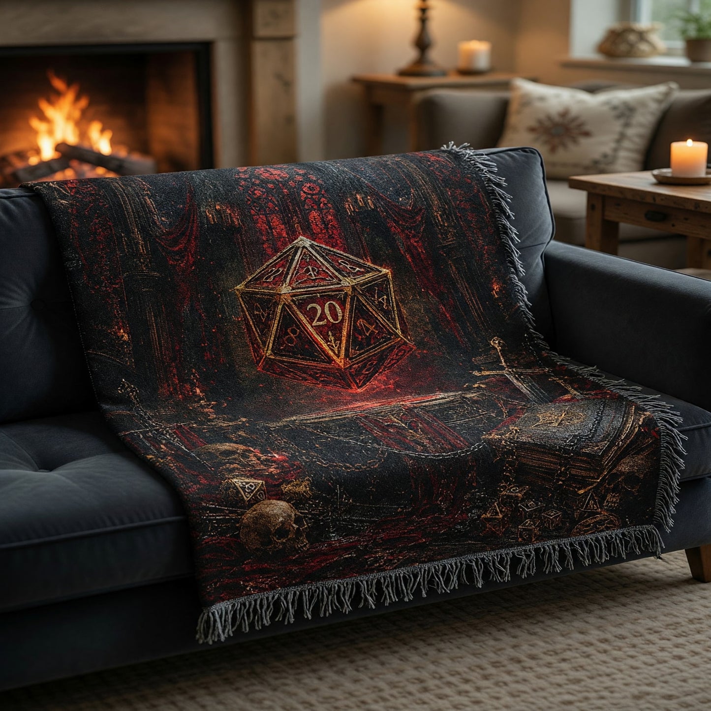 Fantasy Dungeon D20 Woven Blanket - Gothic RPG Fantasy Art