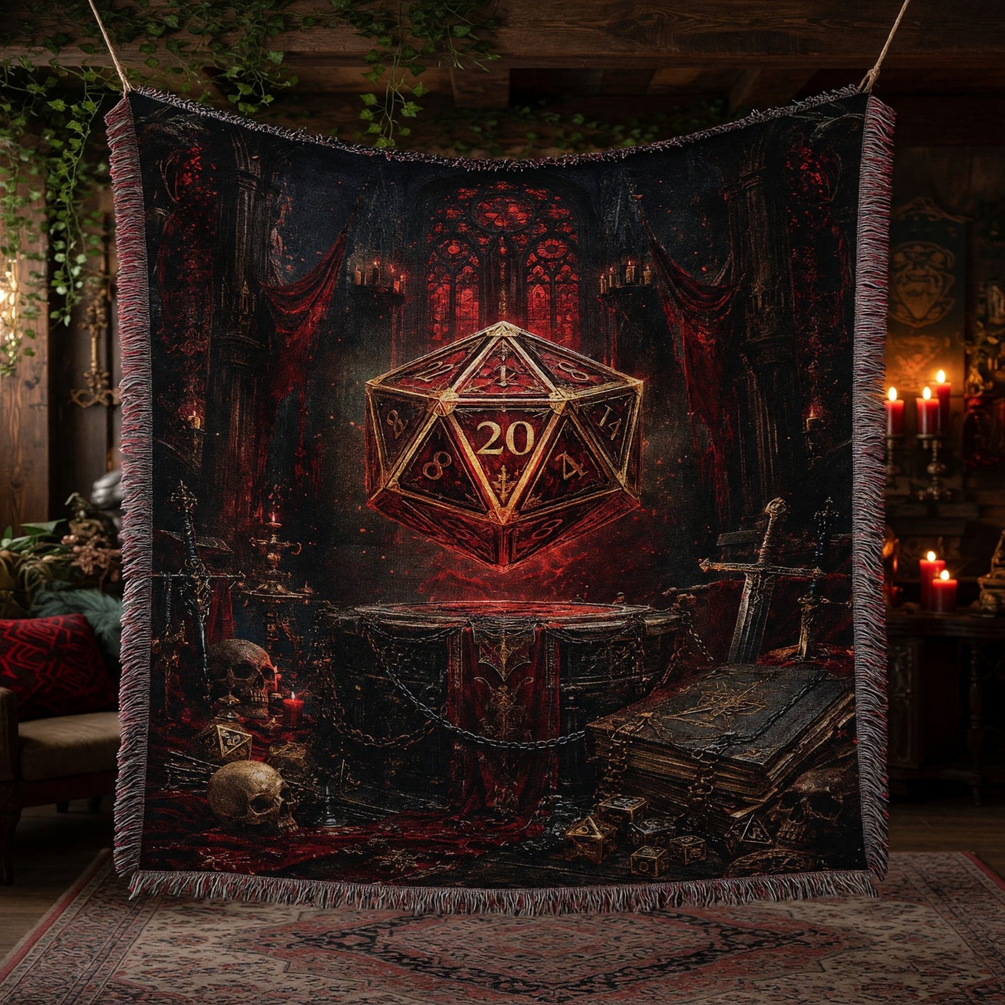 Fantasy Dungeon D20 Woven Blanket - Gothic RPG Fantasy Art