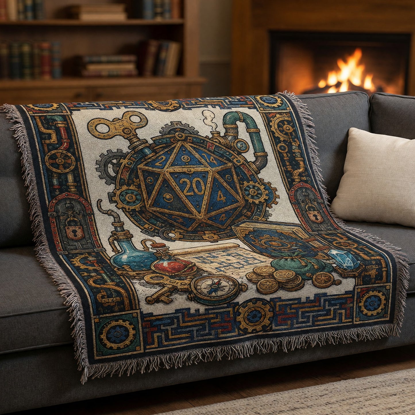 Steampunk D20 Woven Blanket - Fantasy RPG Mechanical Dice Design