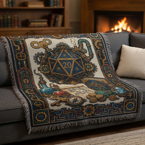 Steampunk D20 Woven Blanket - Fantasy RPG Mechanical Dice Design
