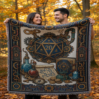Steampunk D20 Woven Blanket - Fantasy RPG Mechanical Dice Design