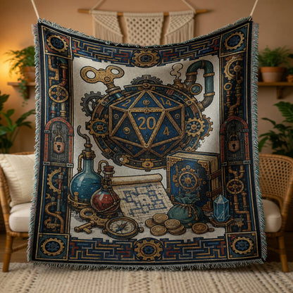 Steampunk D20 Woven Blanket - Fantasy RPG Mechanical Dice Design