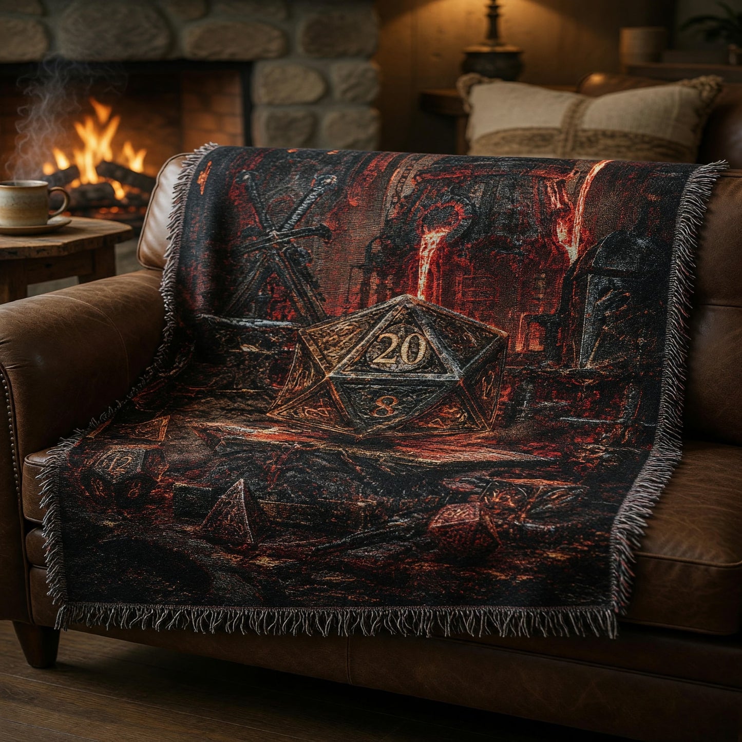 Fantasy Dungeon D20 Dice Woven Blanket - Dark Fantasy RPG Forge