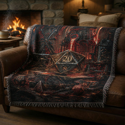 Fantasy Dungeon D20 Dice Woven Blanket - Dark Fantasy RPG Forge