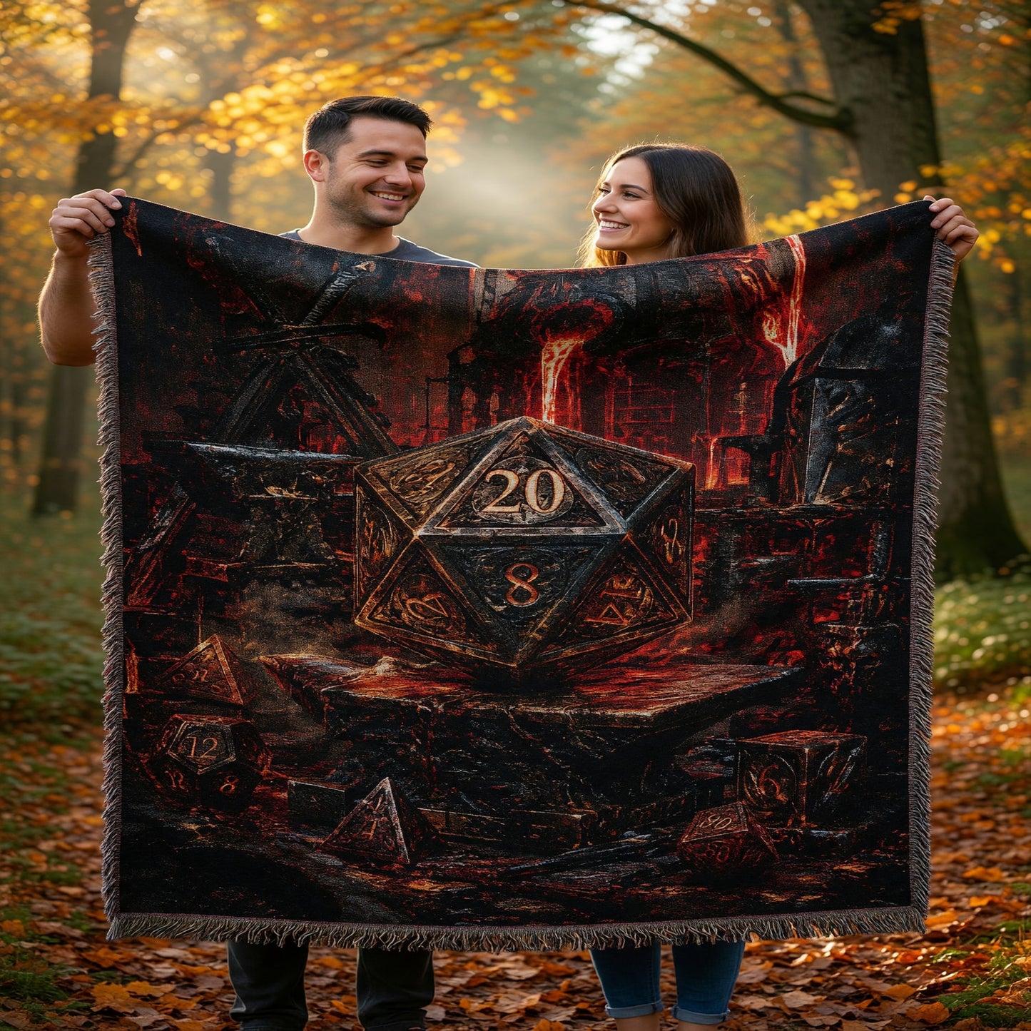Fantasy Dungeon D20 Dice Woven Blanket - Dark Fantasy RPG Forge