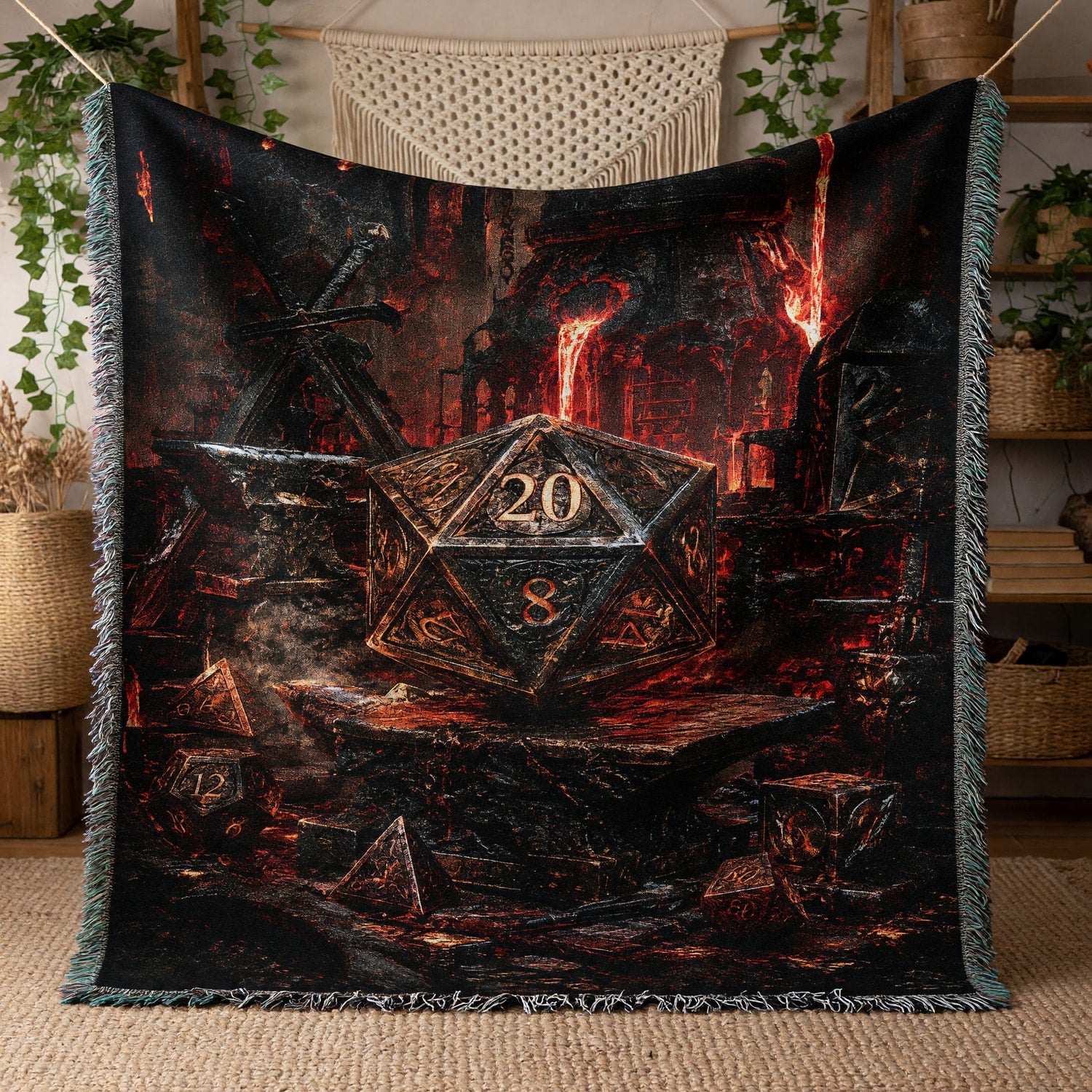Fantasy Dungeon D20 Dice Woven Blanket - Dark Fantasy RPG Forge
