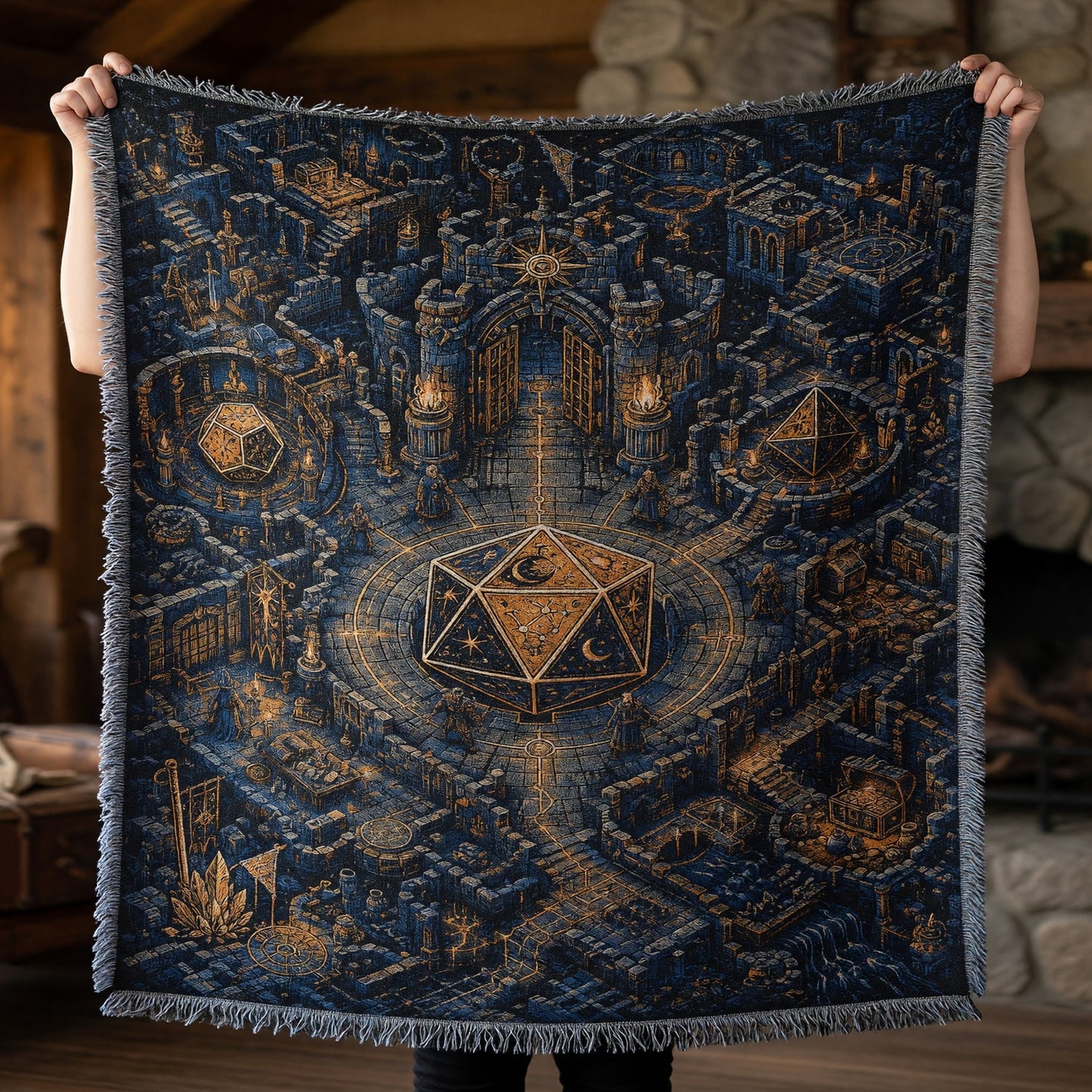 Celestial D20 Castle Woven Blanket - Mystic Dice Fantasy RPG Home Decor