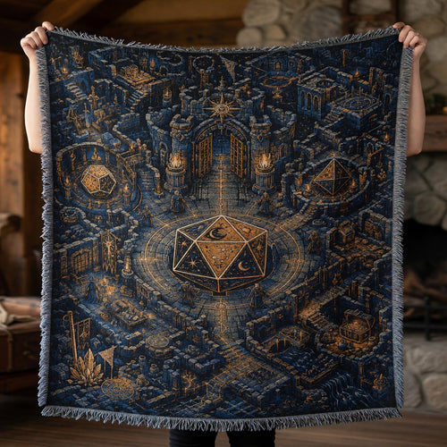 Celestial D20 Castle Woven Blanket - Mystic Dice Fantasy RPG Home Decor