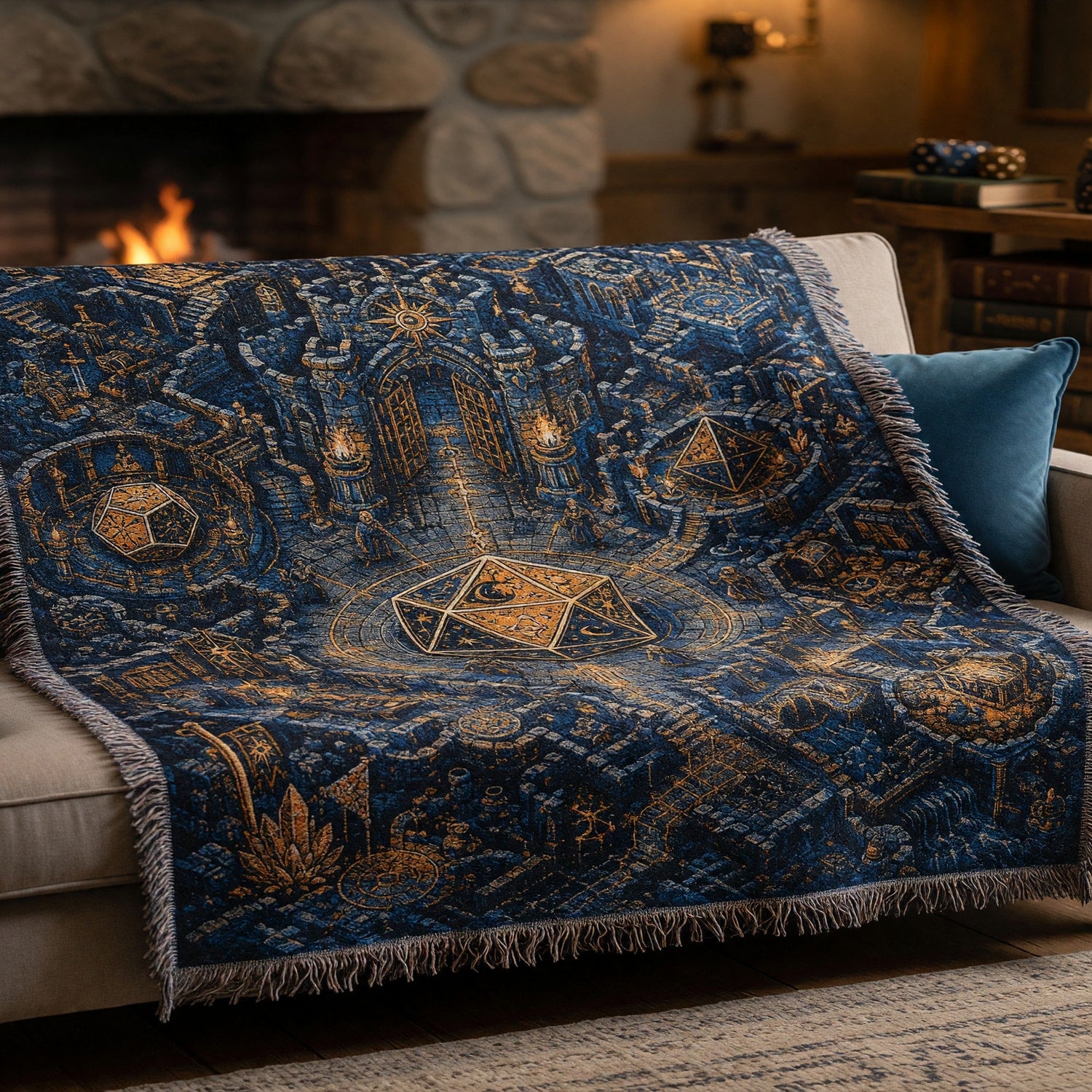 Celestial D20 Castle Woven Blanket - Mystic Dice Fantasy RPG Home Decor