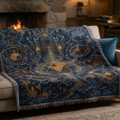 Celestial D20 Castle Woven Blanket - Mystic Dice Fantasy RPG Home Decor