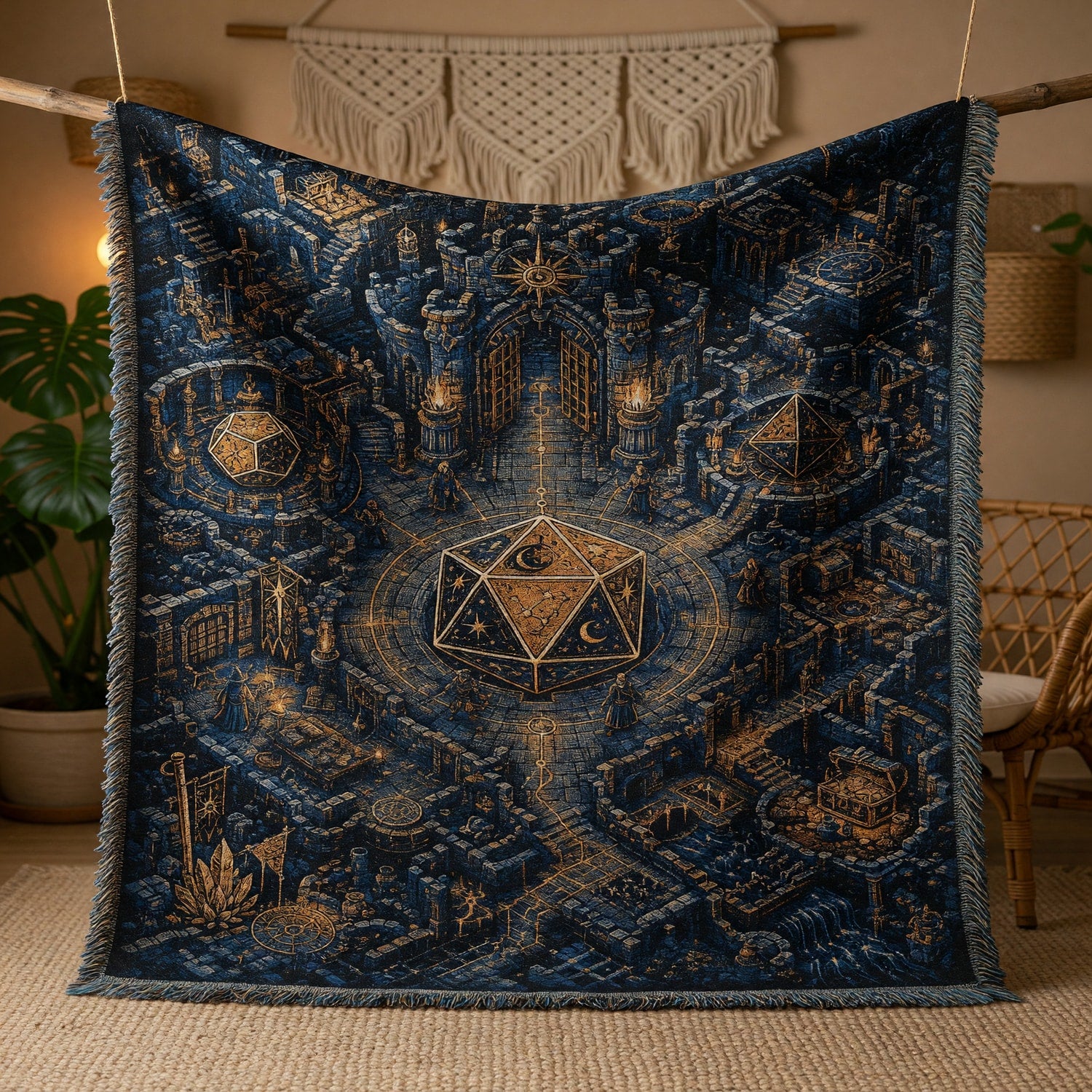 Celestial D20 Castle Woven Blanket - Mystic Dice Fantasy RPG Home Decor