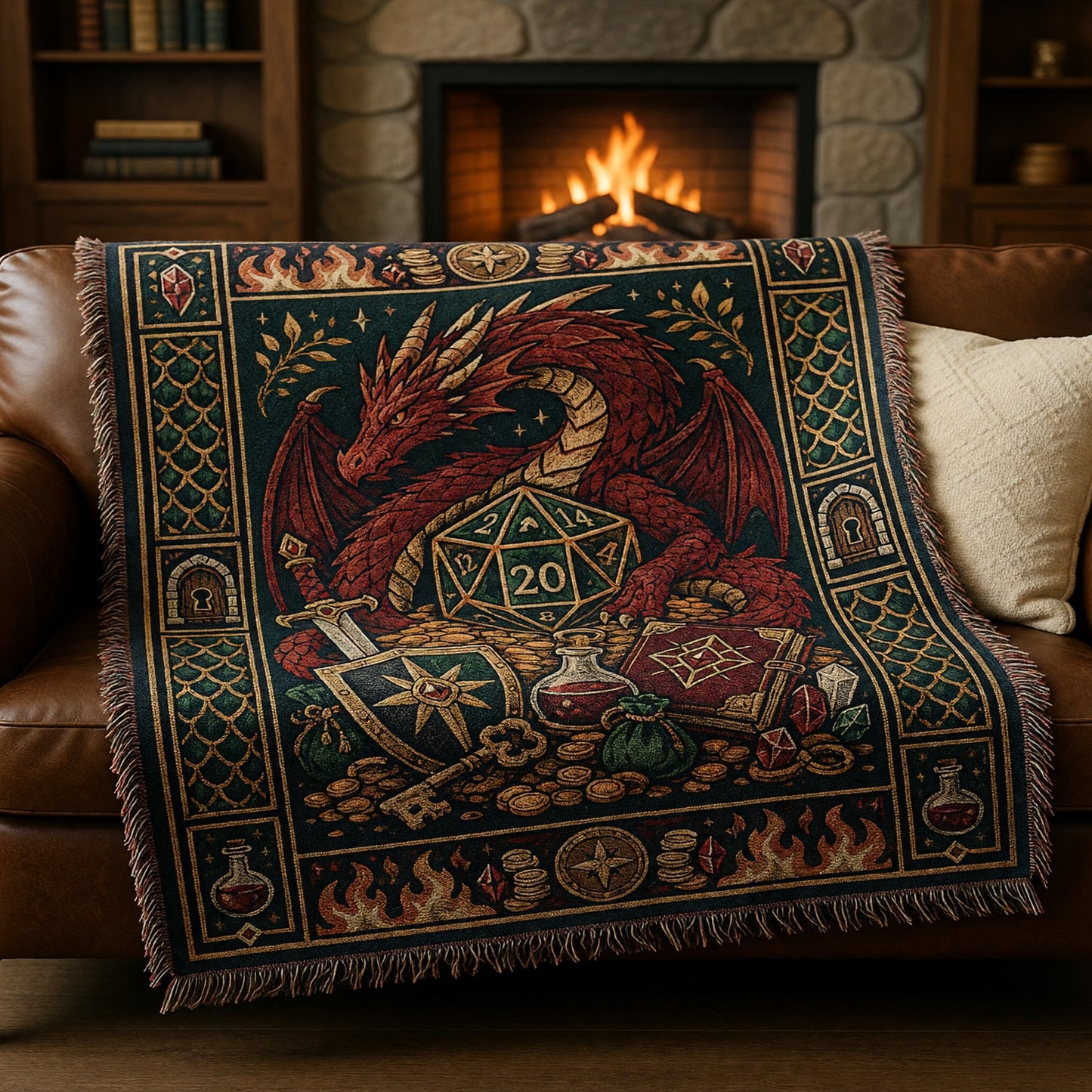Red Dragon D20 Woven Blanket - Fantasy Tabletop RPG Art