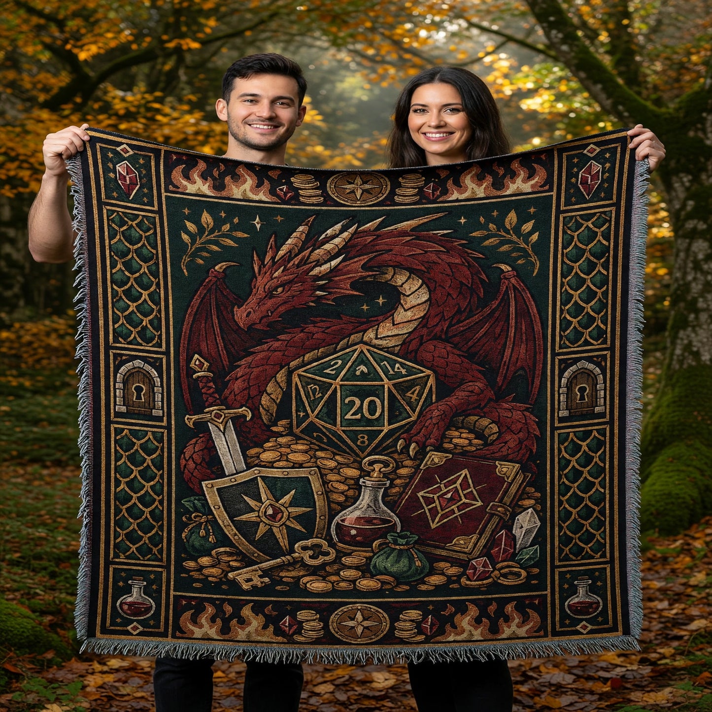 Red Dragon D20 Woven Blanket - Fantasy Tabletop RPG Art