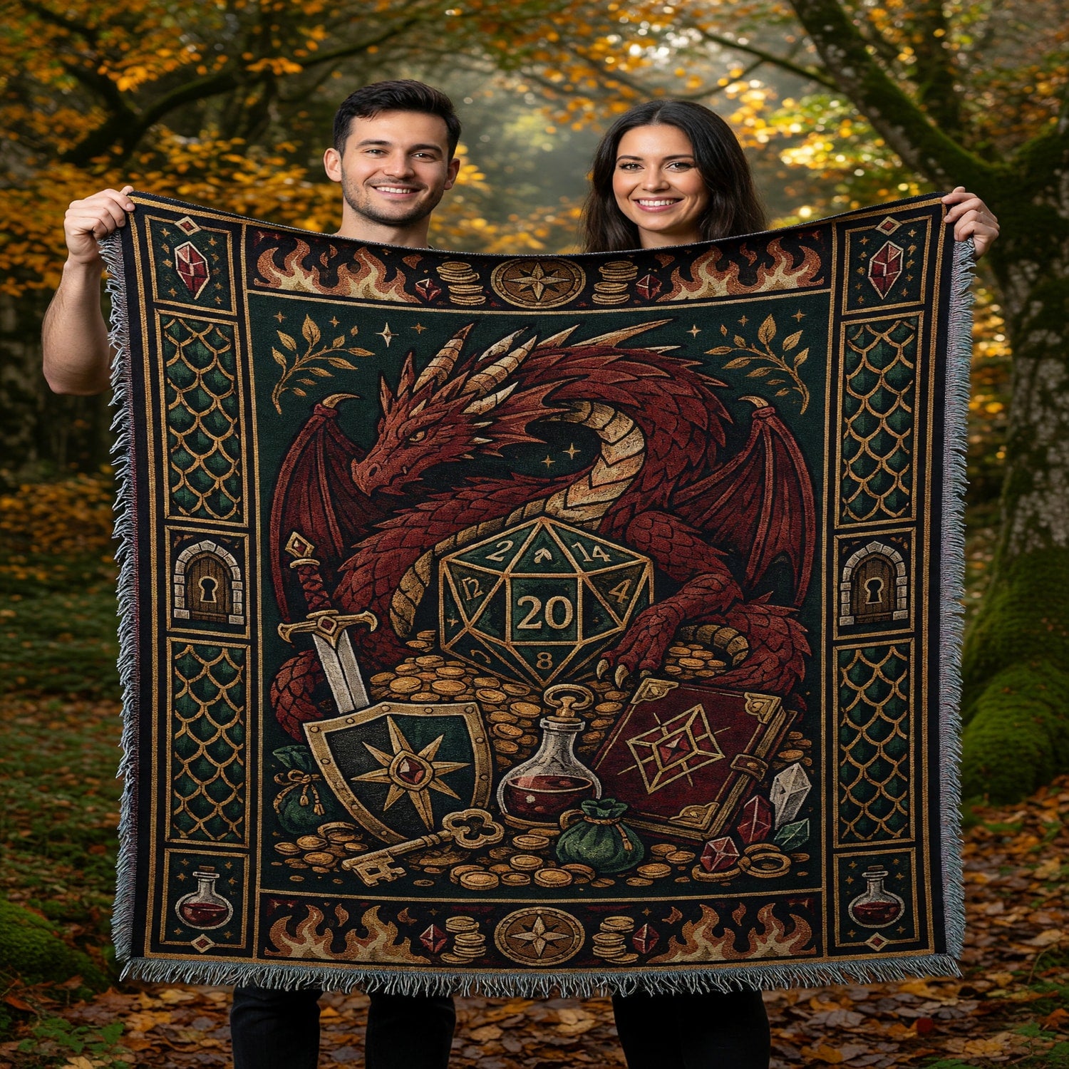 Red Dragon D20 Woven Blanket - Fantasy Tabletop RPG Art