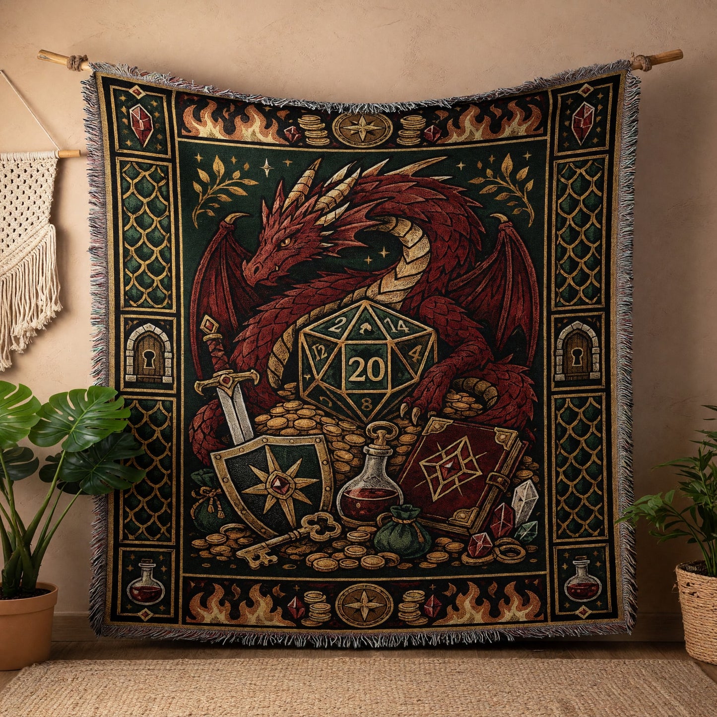 Red Dragon D20 Woven Blanket - Fantasy Tabletop RPG Art