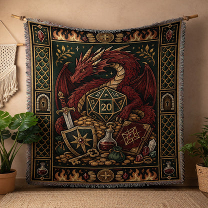 Red Dragon D20 Woven Blanket - Fantasy Tabletop RPG Art