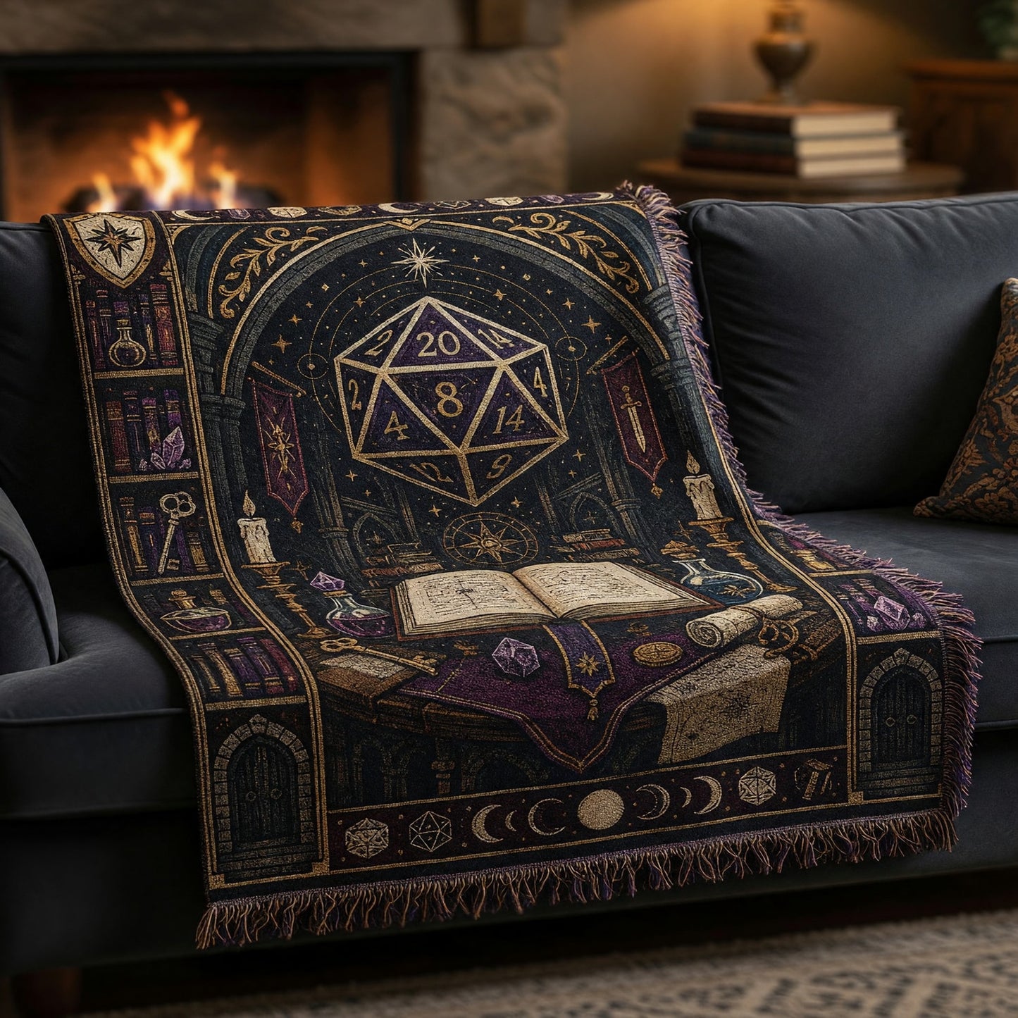 D20 Wizard Woven Blanket - Fantasy Arcane Library Decor