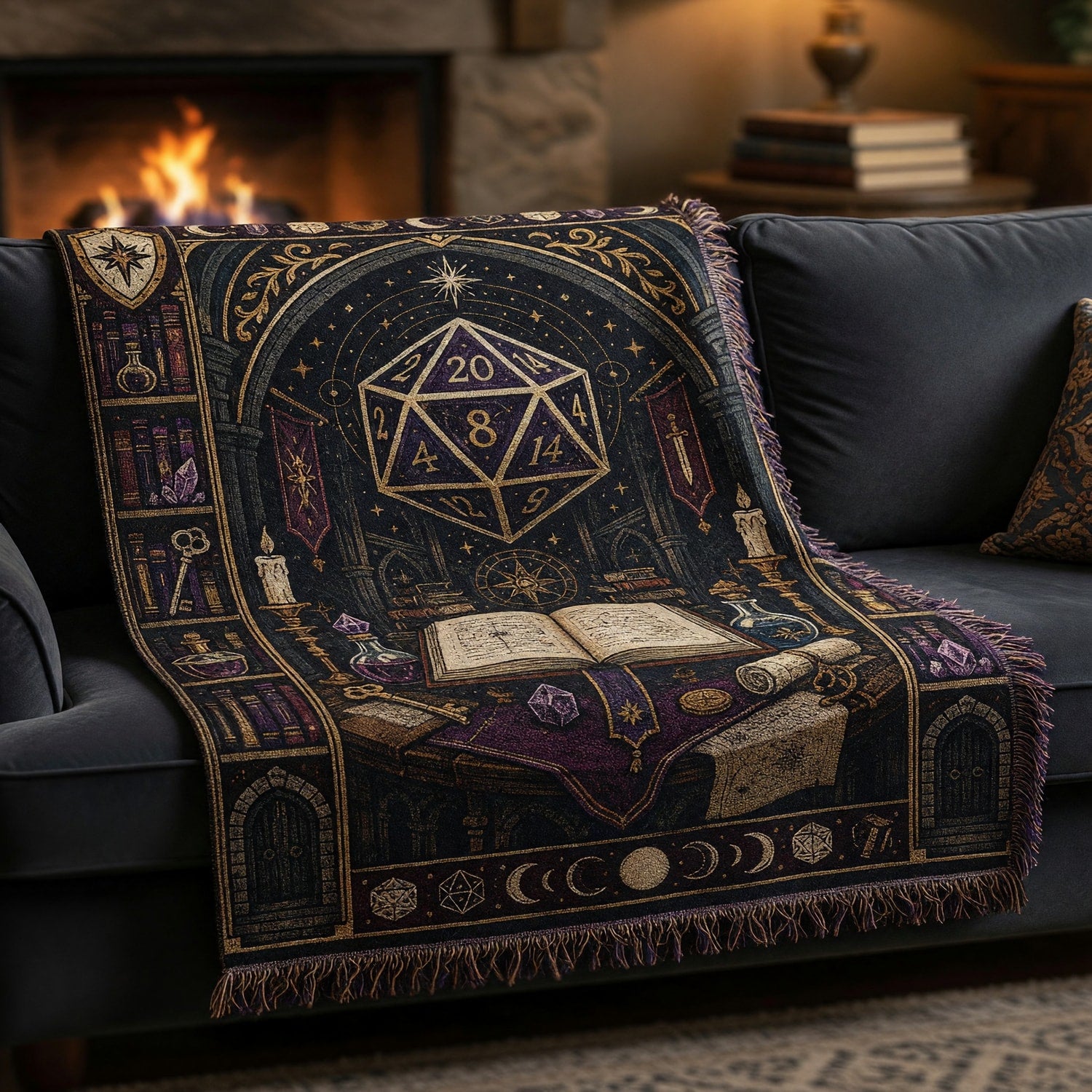 D20 Wizard Woven Blanket - Fantasy Arcane Library Decor