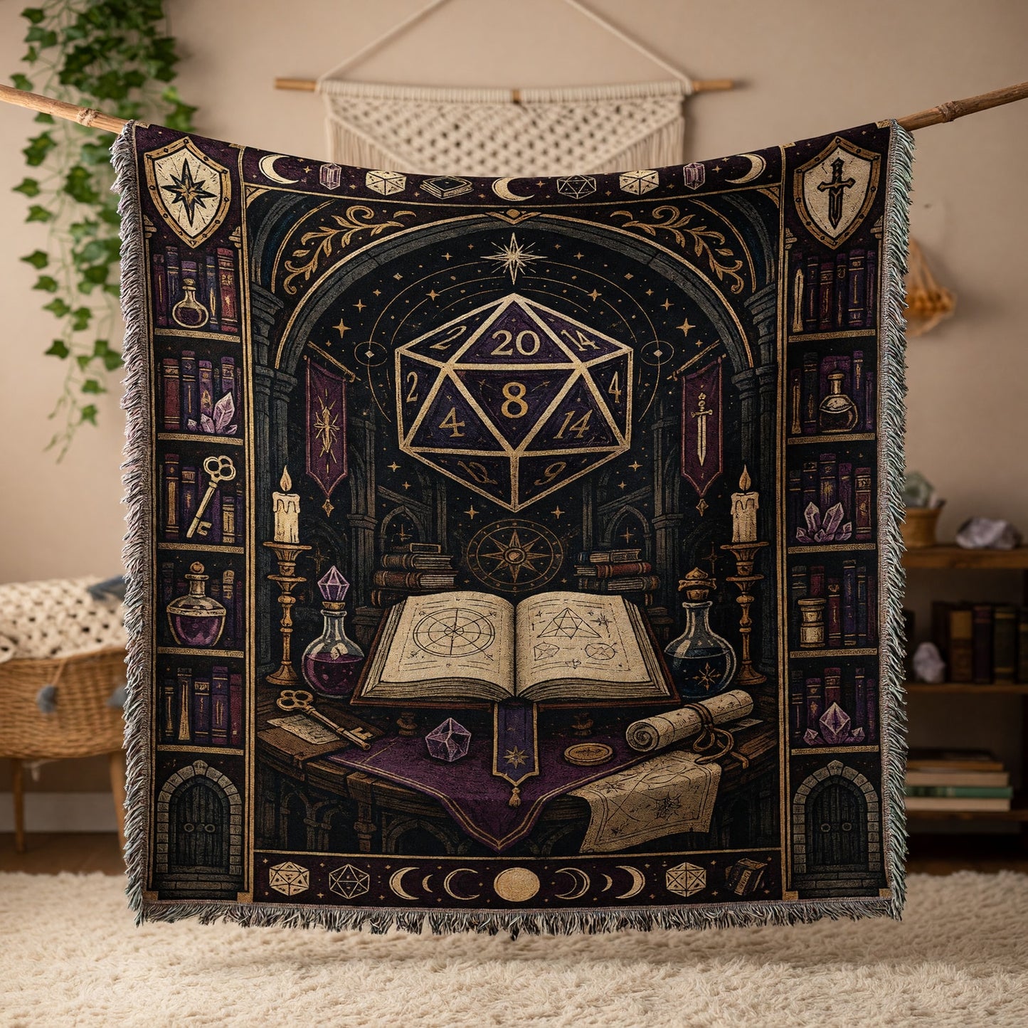 D20 Wizard Woven Blanket - Fantasy Arcane Library Decor