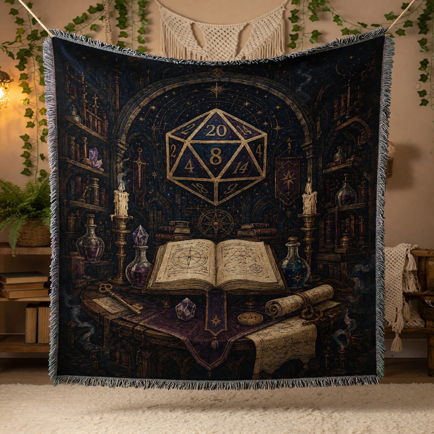 Arcane D20 Woven Blanket - Celestial Spellbook