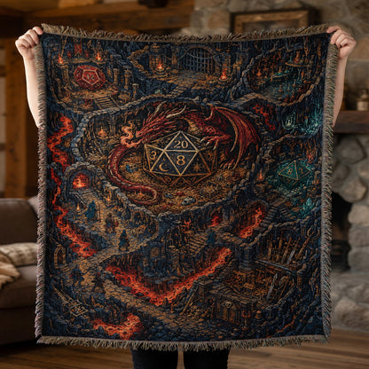 Fantasy Dungeon Dragon Woven Blanket - Fantasy D20 Dungeon Scene