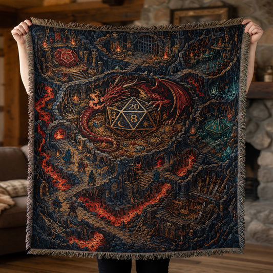 Fantasy Dungeon Dragon Woven Blanket - Fantasy D20 Dungeon Scene