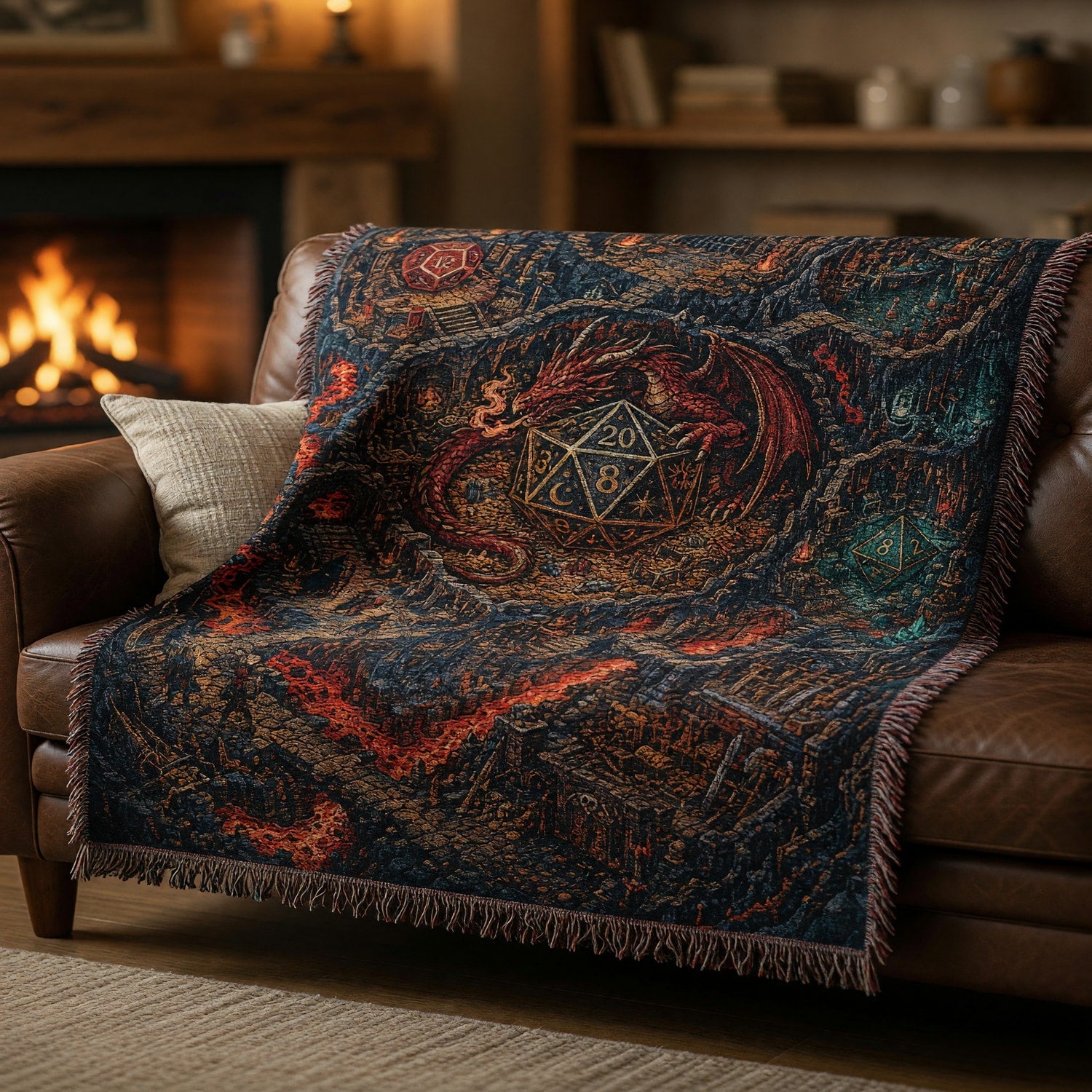 Fantasy Dungeon Dragon Woven Blanket - Fantasy D20 Dungeon Scene