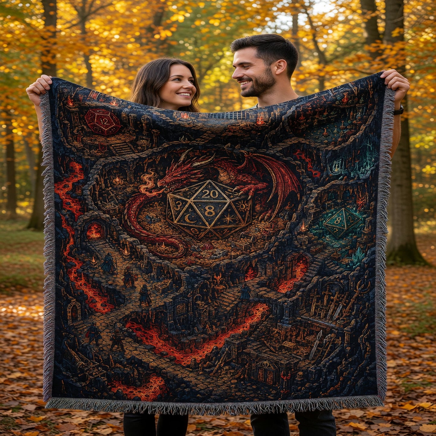 Fantasy Dungeon Dragon Woven Blanket - Fantasy D20 Dungeon Scene